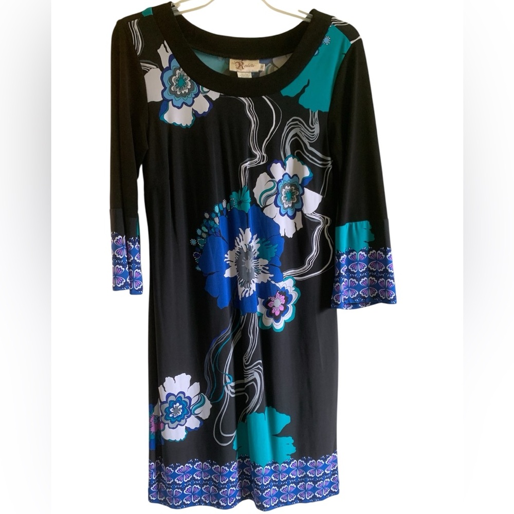 Roulette Floral Shift Dress Blue Turquoise Black 3/4 Sleeve Matte Medium office